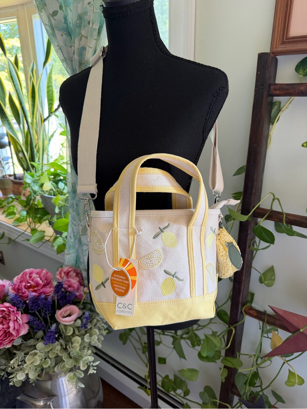 C&C California Yellow Lemon-Print Canvas Crossbody Tote